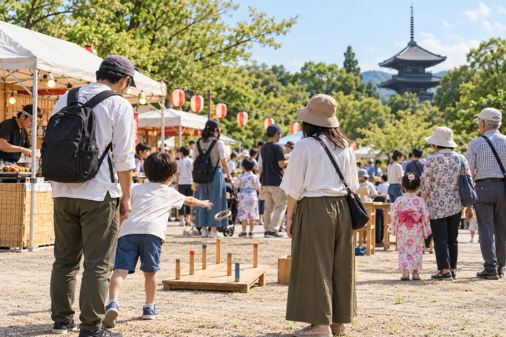 家族で楽しむ地域のお祭りのイメージ。実際の催しを撮影した写真ではありません