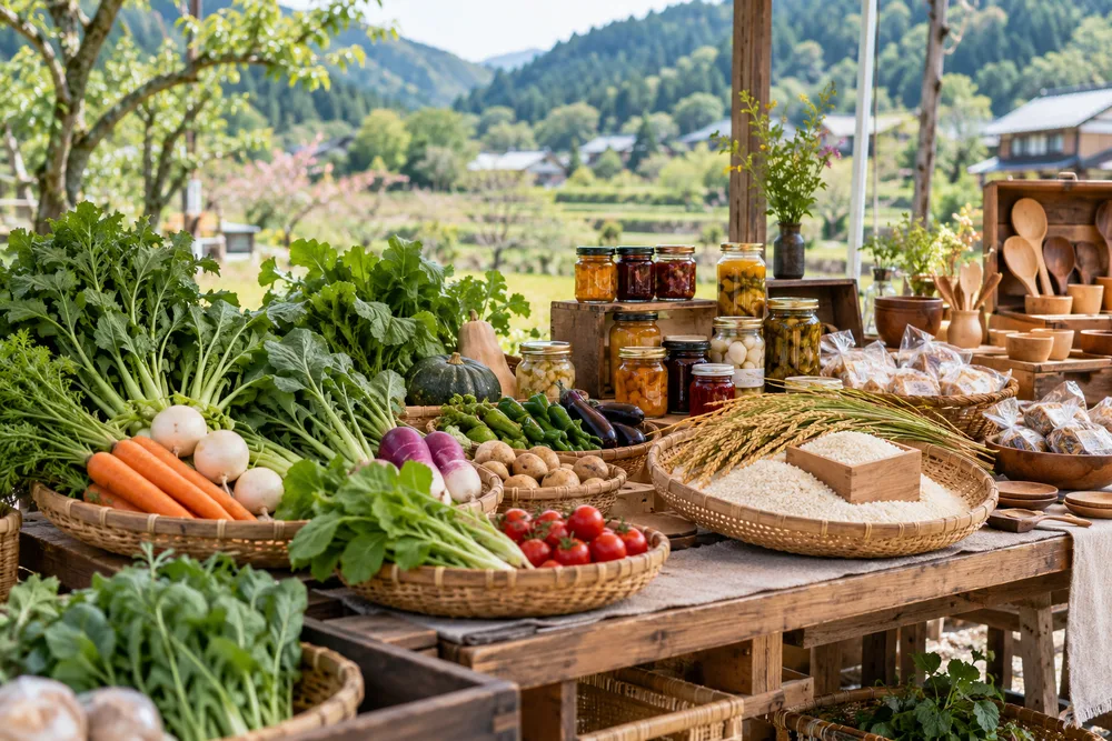 地域の野菜や手仕事が並ぶ市のイメージ。実際の催しを撮影した写真ではありません