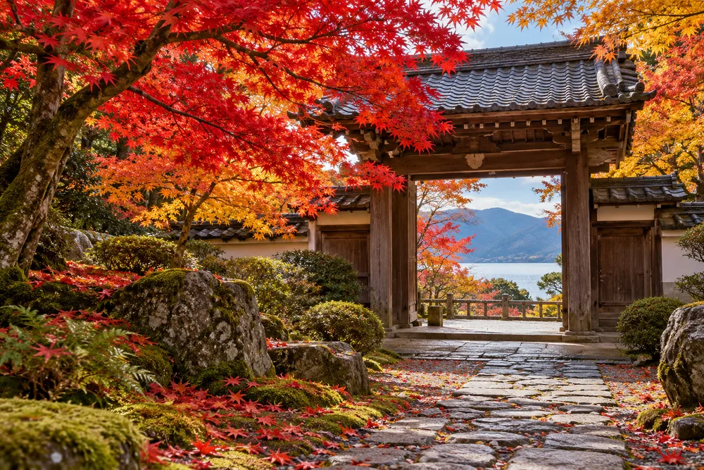 紅葉に囲まれた寺院のイメージ。実際の催しを撮影した写真ではありません